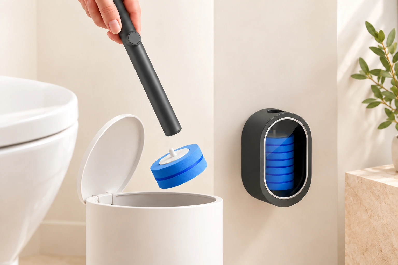 Illustration du système complet : une main presse le bouton du manche anthracite, la tête bleue tombe dans la poubelle et le support à recharges reste au mur