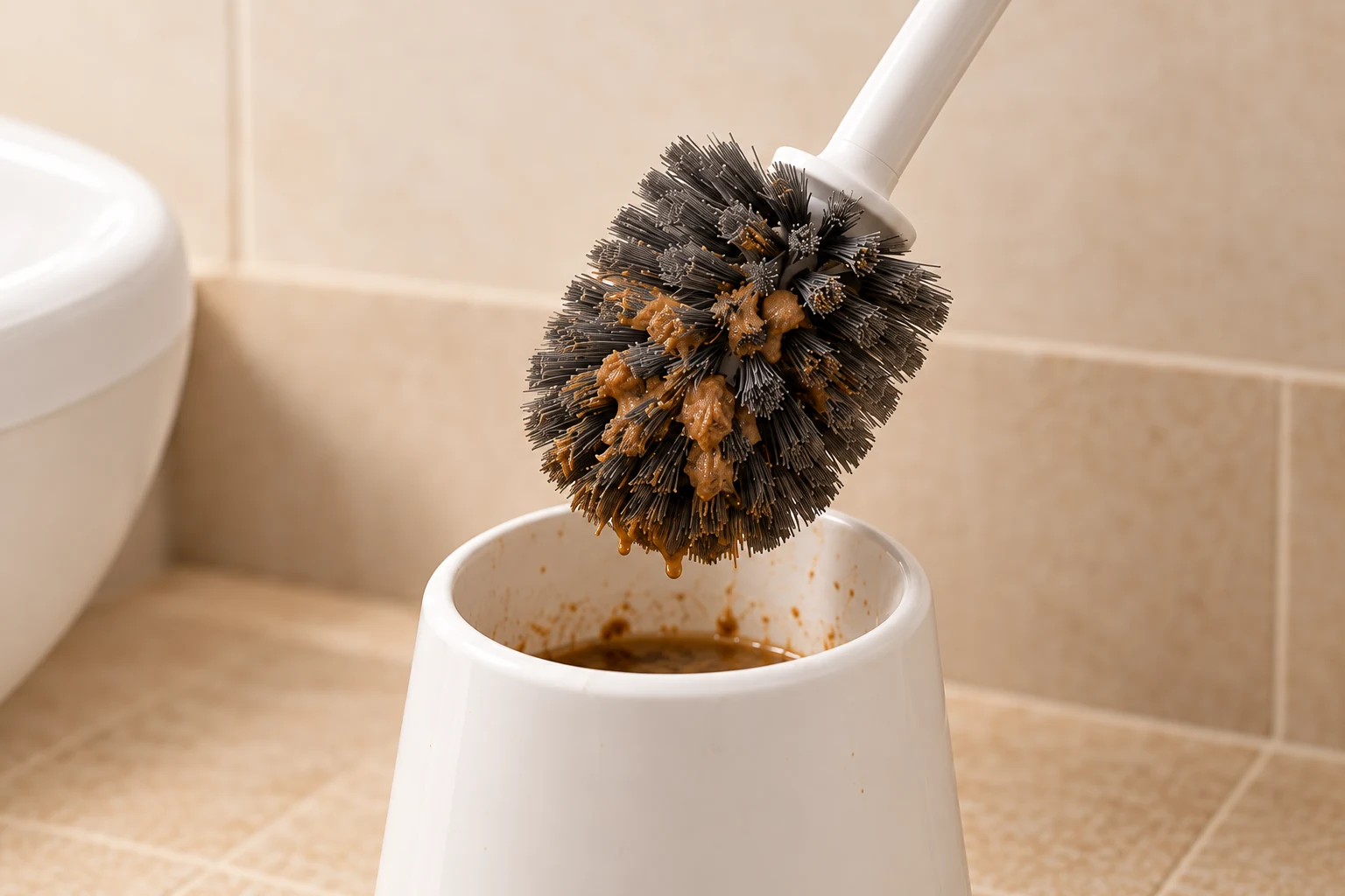 Illustration d’une brosse classique avec des résidus accrochés aux poils et dans le pot